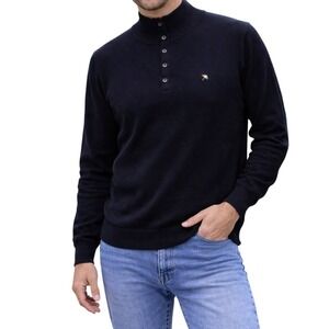 Arnold Palmer Mock Neck Sweater Mens Medium Black Button Placket Plaid Trim Logo